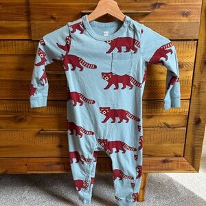 Tea Collection Blue Kids Footless Romper with Red Raccoon Print